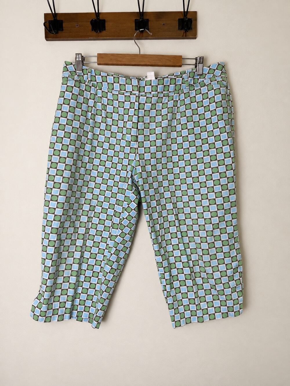 Talbots Woman Petites 16W Classic Fit Geometric Print Capri Pants Green Blue